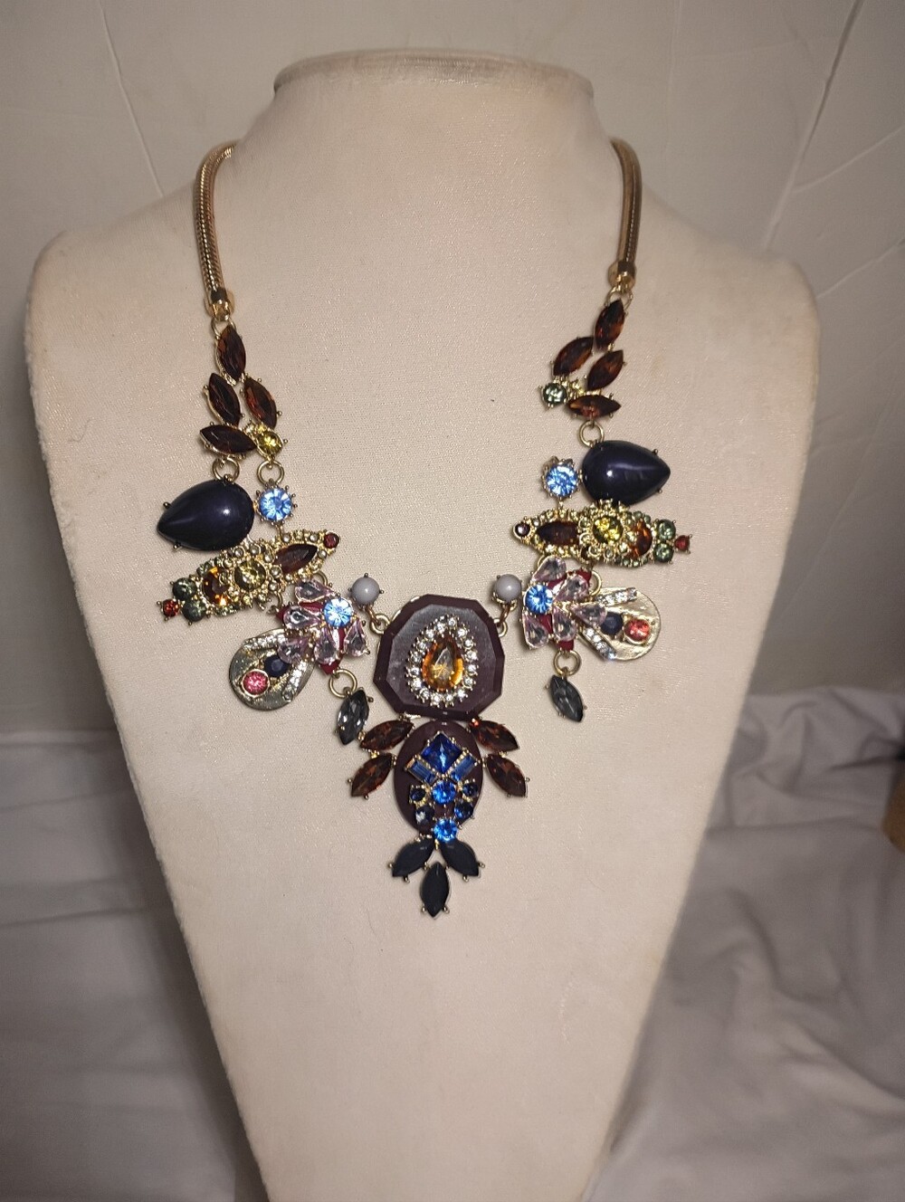 J Crew 2013 Jewel Tone Crystal Asymmetric Statement Bib Necklace 12" STUNNING!